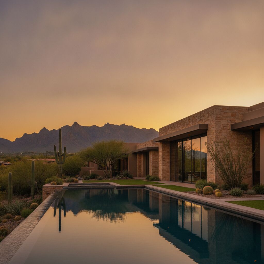 Glass-walled Scottsdale estate home with infinity pool at dusk